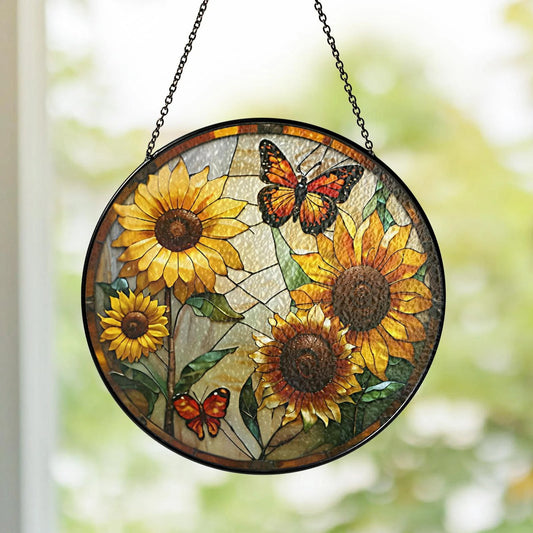 Netecom Monarch Butterflies & Sunflowers Stained Glass Suncatcher – Butterfly Window Hanging, Light Catcher Gift for Mom Grandma Women