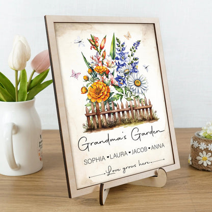 Netecom Personalized Grandma Garden Wooden Frame Birth Month Flower Sign Custom Nana Gift Mother’s Day Wall Art Keepsake