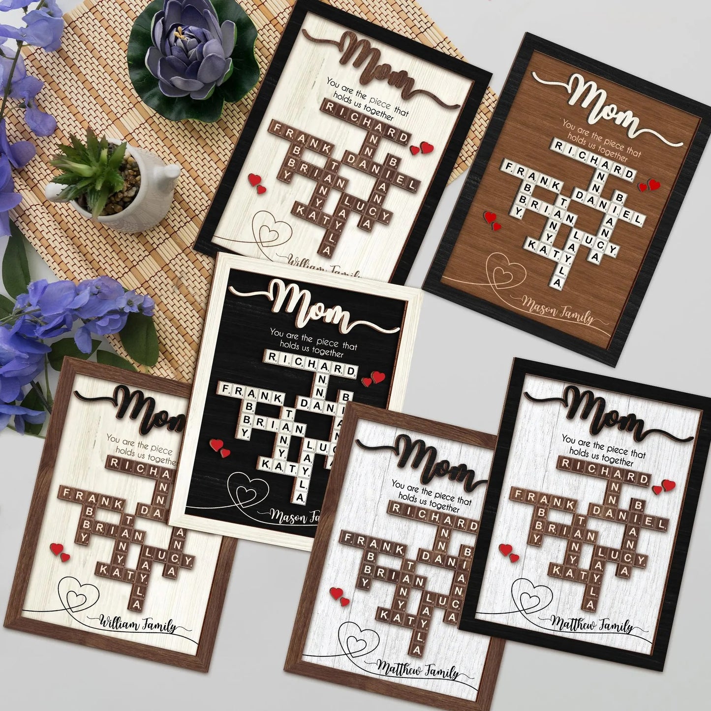 Netecom Personalized Scrabble Family Name Frame Mother's Day Gift Custom Family Crossword Puzzle Sign