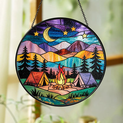 Netecom Starry Camp Fire Stained Glass Suncatcher - Adventure Begins, Seek Adventure, Camping & Travel Gift, Vacation Decor, Gift for Adventure Lovers
