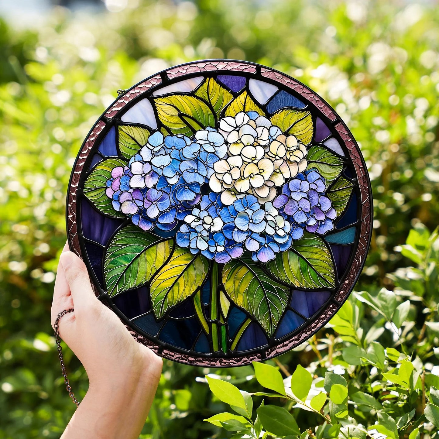 Netecom Blue Hydrangea Stained Glass Suncatcher – Floral Window Hanging, Hydrangea Garden Decor, Gift for Friends Bestie Mom Nana
