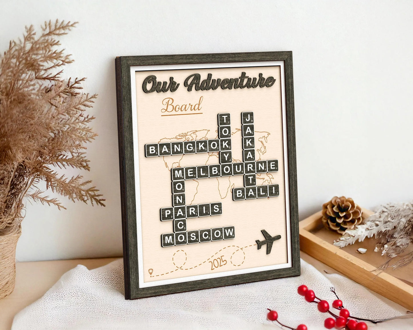 Netecom Personalized Adventure Scrabble Sign Travel Destination Keepsake Board Couple’s Adventure Map Travel Lover Gift Traveling Memory Board