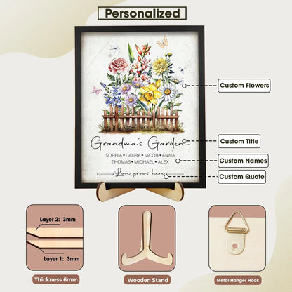 Netecom Personalized Grandma Garden Wooden Frame Birth Month Flower Sign Custom Nana Gift Mother’s Day Wall Art Keepsake