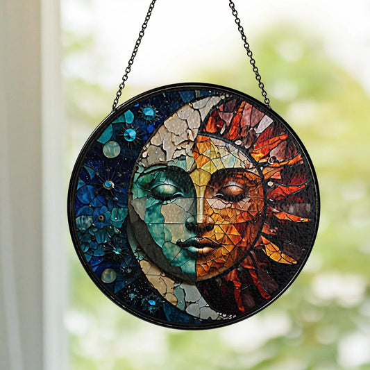 Netecom Celestial Sun and Moon Stained Glass Suncatcher – Astrology Window Hanging, Cosmic Nature Art, Christmas Gift for Friends and Home Decor Lovers