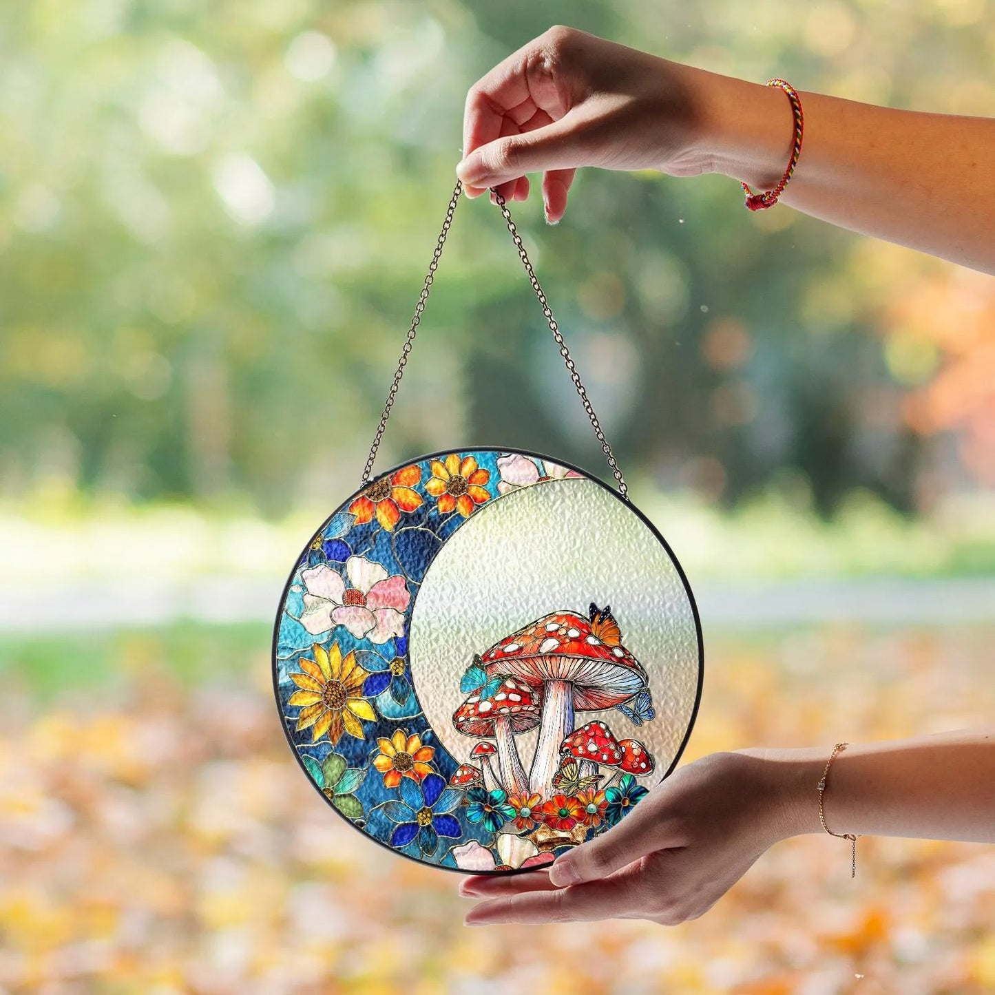 Netecom Woodland Mushroom Stained Glass Window Hanging, Floral Crescent Suncatcher, Gardening Gift, Forest Home Decor for Mom  Grandma