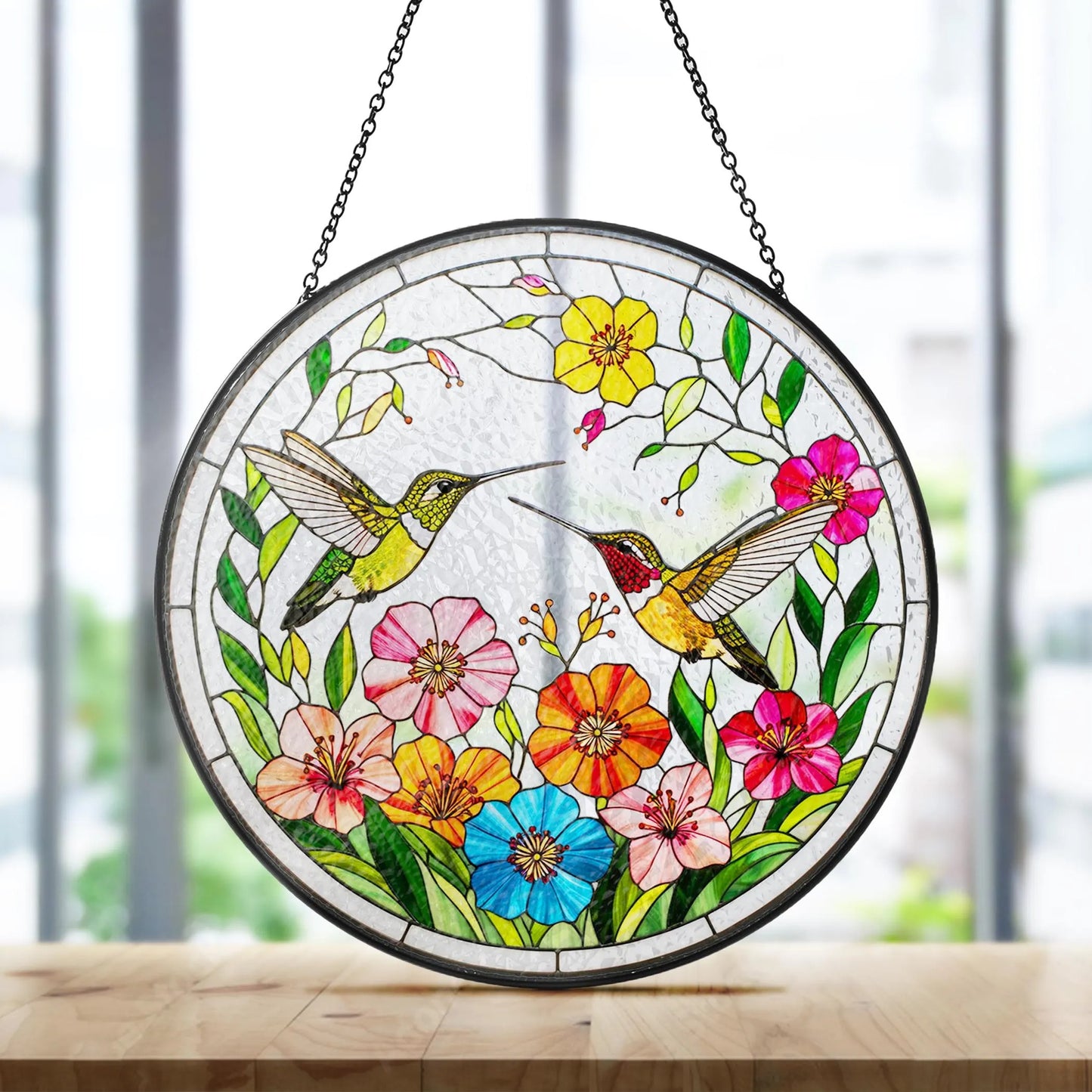 Netecom Hummingbirds Stained Glass Suncatcher – Bird Lover Window Hanging, Wildflower Glass Art, Nature Lover Gift, Vibrant Bird Window Decor