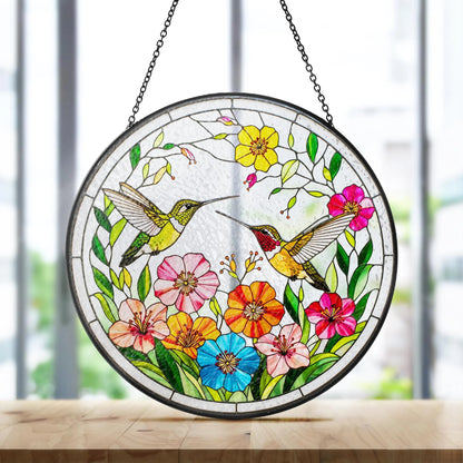 Netecom Hummingbirds Stained Glass Suncatcher – Bird Lover Window Hanging, Wildflower Glass Art, Nature Lover Gift, Vibrant Bird Window Decor