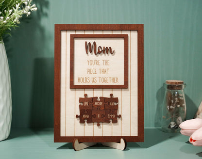 Netecom Personalized Mom Puzzle Wooden Frame Piece That Holds Us Together Sign Mother’s Day Gift for Mom Custom Family Name Keepsake