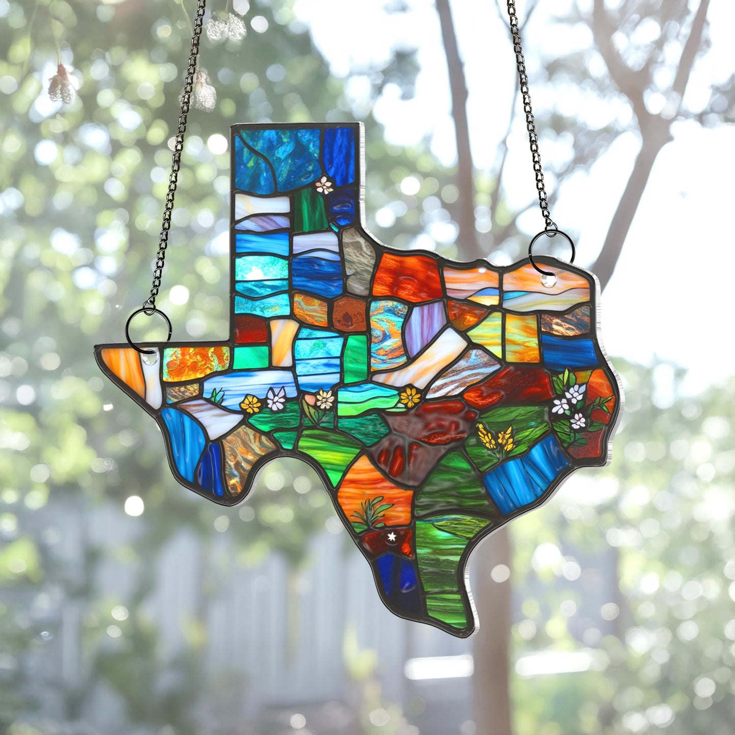Netecom Custom Texas Suncatcher – Northern Mockingbird & Bluebonnet Window Hanging, Texas State Map Decorative Home Gift for Women Men Mom