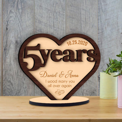 Netecom Personalized 5th Anniversary Gift Custom "I Wood Marry You Again" Wood Sign for Husband Wife 5 Year Wedding Keepsake