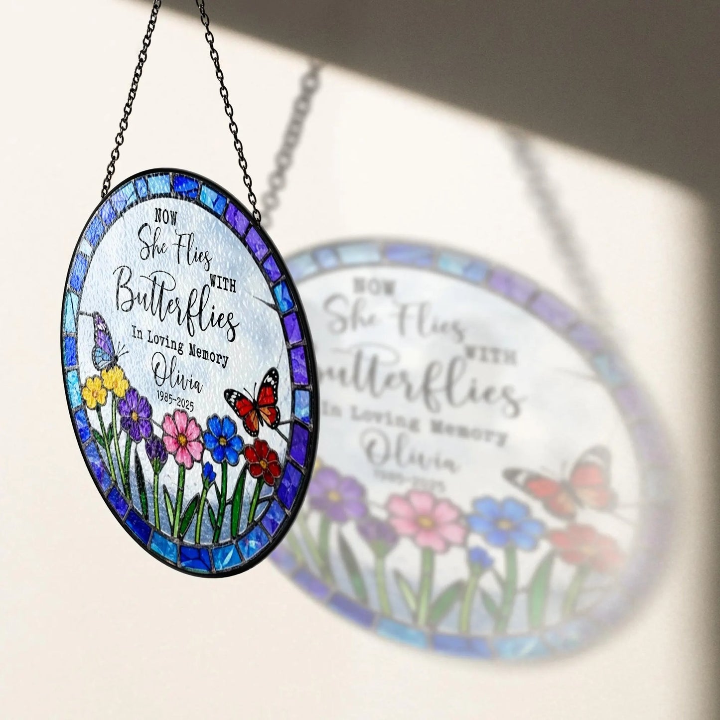 Netecom Personalized Sympathy Gift – Now She Flies With Butterflies Memorial Suncatcher, Remembrance for Loss of Mom