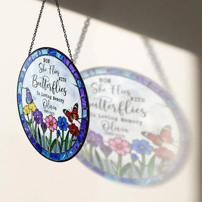 Netecom Personalized Sympathy Gift – Now She Flies With Butterflies Memorial Suncatcher, Remembrance for Loss of Mom