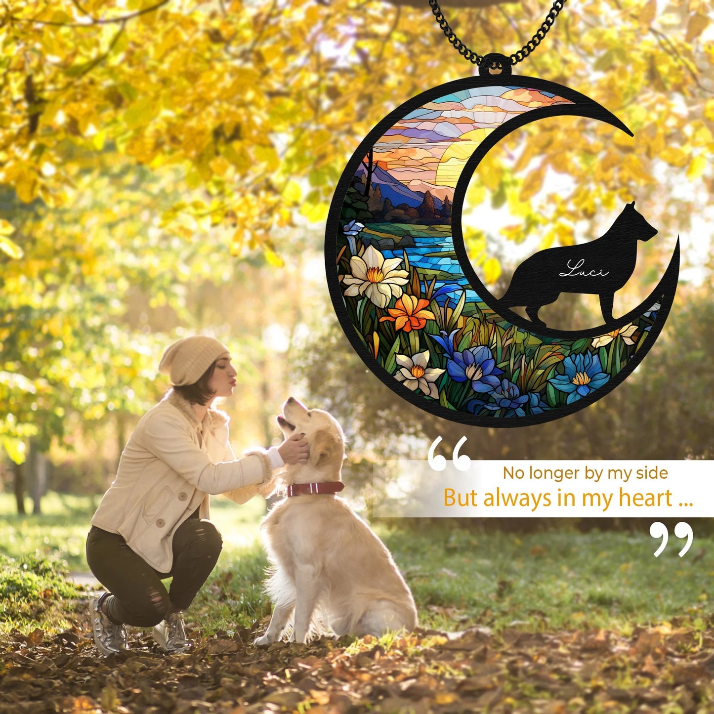 Netecom Personalized German Shepherd Suncatcher – Acrylic Stained Glass Dog on Moon, Pet Loss Sympathy Gift, Memorial Window Hanging, Remembrance Gift for Dog Lovers