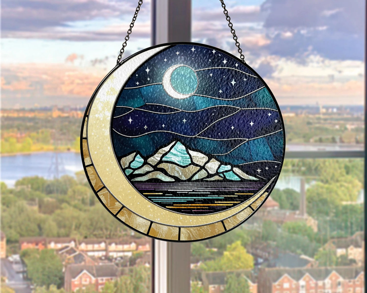 Netecom Fantasy Starlight City Stained Glass Suncatcher, Moon & Stars Window Hanging, Gift for Book Lovers, Reader Decor, Library Bookshelf Art