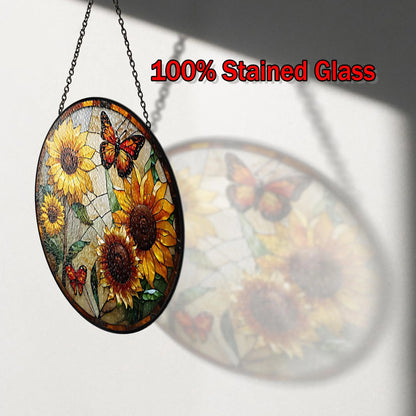 Netecom Monarch Butterflies & Sunflowers Stained Glass Suncatcher – Butterfly Window Hanging, Light Catcher Gift for Mom Grandma Women