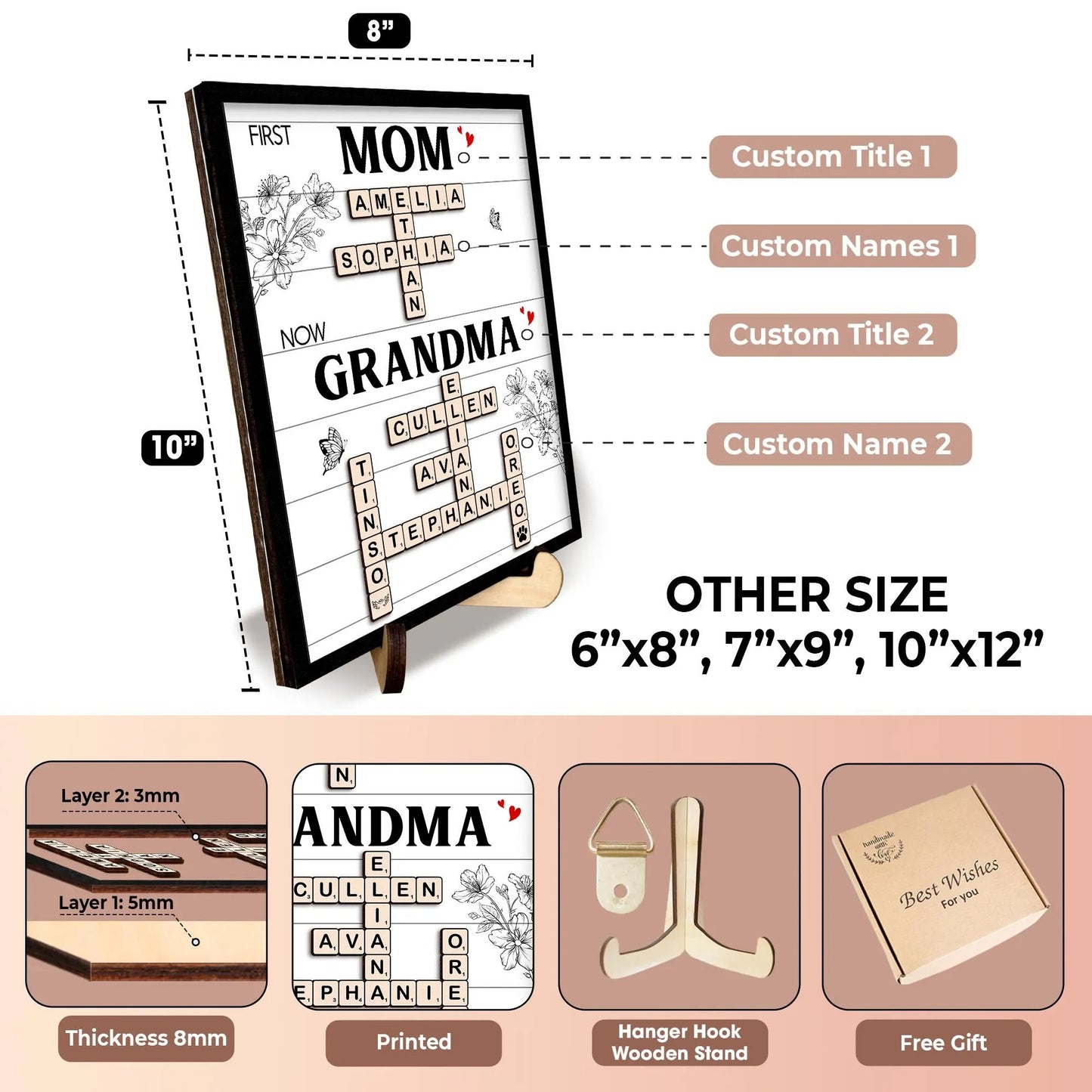 Netecom Personalized First Mom Now Grandma Crossword Puzzle Frame Family Name Scrabble Sign Custom Gift for Mom Grandkids Name Keepsake Mother's Day Gift