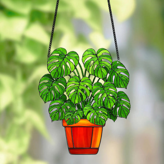 Netecom Monstera Leaves Acrylic Suncatcher – Faux Stained Glass Window Hanging Decor, Plant Lover Gift, Monstera Home, Garden Decor for Men Women