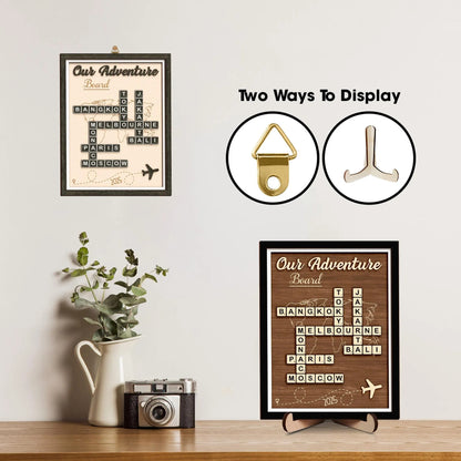 Netecom Personalized Adventure Scrabble Sign Travel Destination Keepsake Board Couple’s Adventure Map Travel Lover Gift Traveling Memory Board