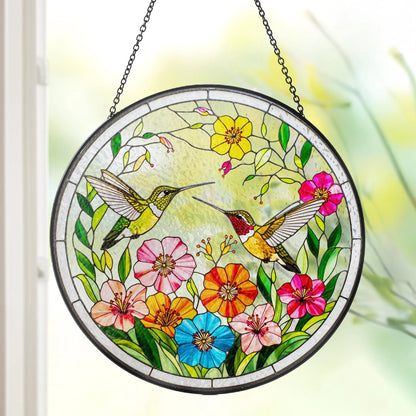 Netecom Hummingbirds Stained Glass Suncatcher – Bird Lover Window Hanging, Wildflower Glass Art, Nature Lover Gift, Vibrant Bird Window Decor