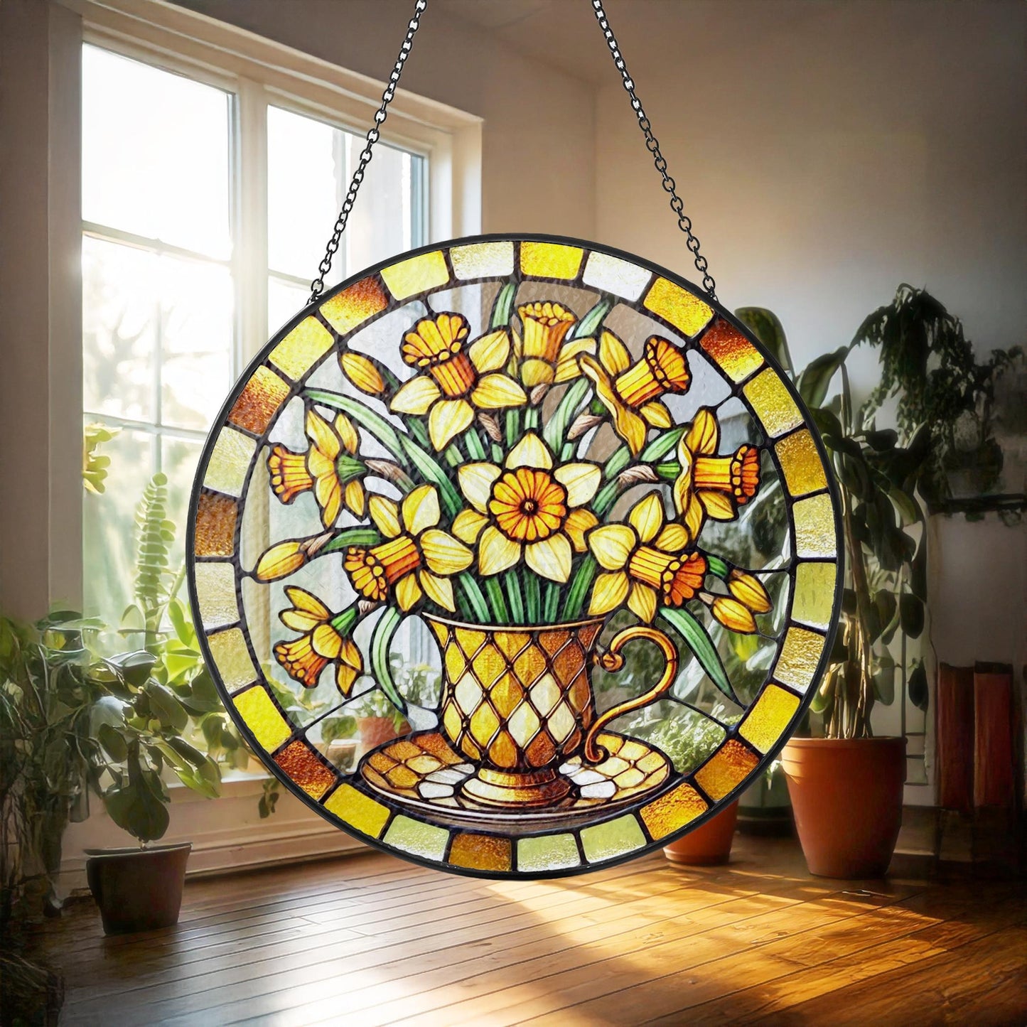 Netecom Daffodil Stained Glass Suncatcher – March Birth Flower Window Hanging, Garden Lover Gift, Floral Home Decor for Grandma Mom