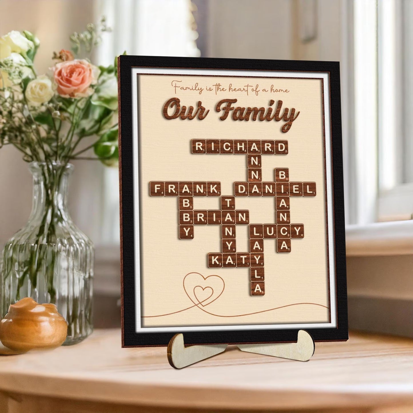 Netecom Personalized Scrabble Puzzle Family Name Sign Grandkids Crossword Wooden Frame Gift for Grandparents Parents Home Decor