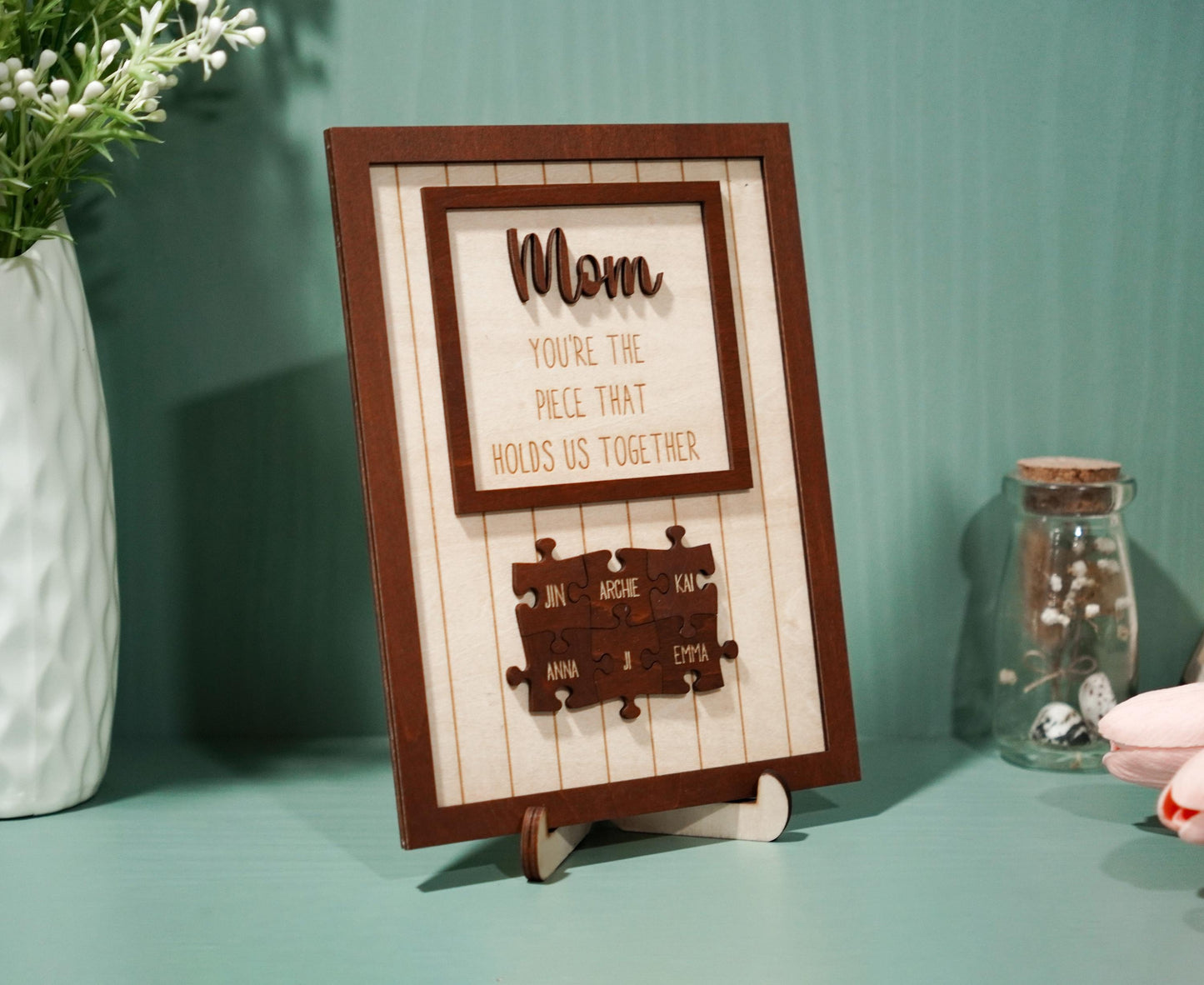 Netecom Personalized Mom Puzzle Wooden Frame Piece That Holds Us Together Sign Mother’s Day Gift for Mom Custom Family Name Keepsake