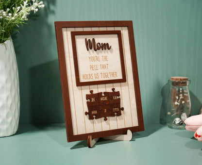 Netecom Personalized Mom Puzzle Wooden Frame Piece That Holds Us Together Sign Mother’s Day Gift for Mom Custom Family Name Keepsake