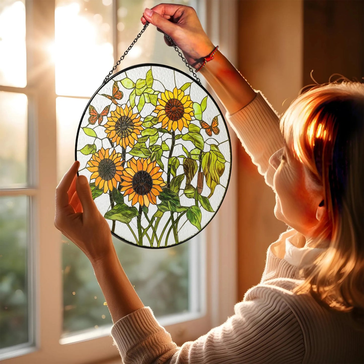 Netecom 8" Sunflower Stained Glass Suncatcher – Floral Window Hanging Decor, Sunflower Ornament Gift for Home and Garden Lovers