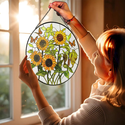 Netecom 8" Sunflower Stained Glass Suncatcher – Floral Window Hanging Decor, Sunflower Ornament Gift for Home and Garden Lovers