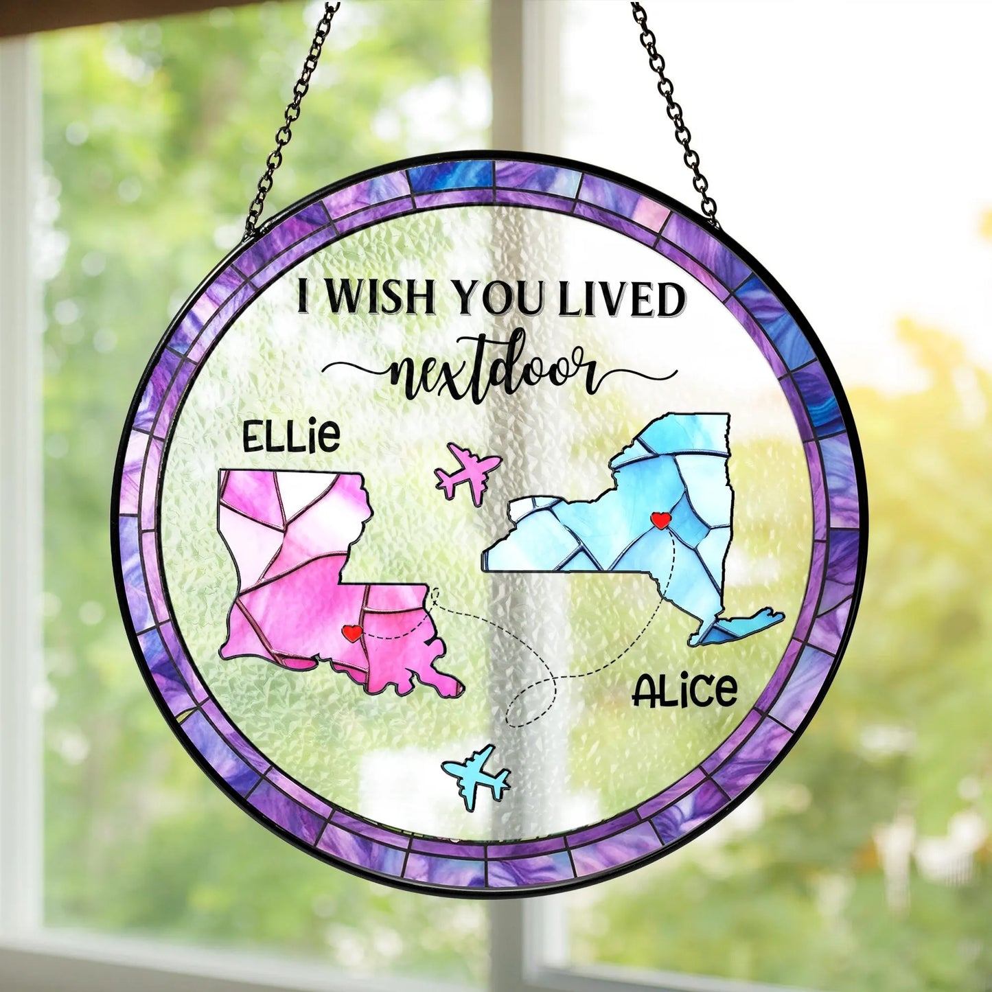 Netecom Personalized Long Distance Friendship Suncatcher – Custom Stained Glass Decor, Best Friend Gift, Sister Keepsake, State to State Connection