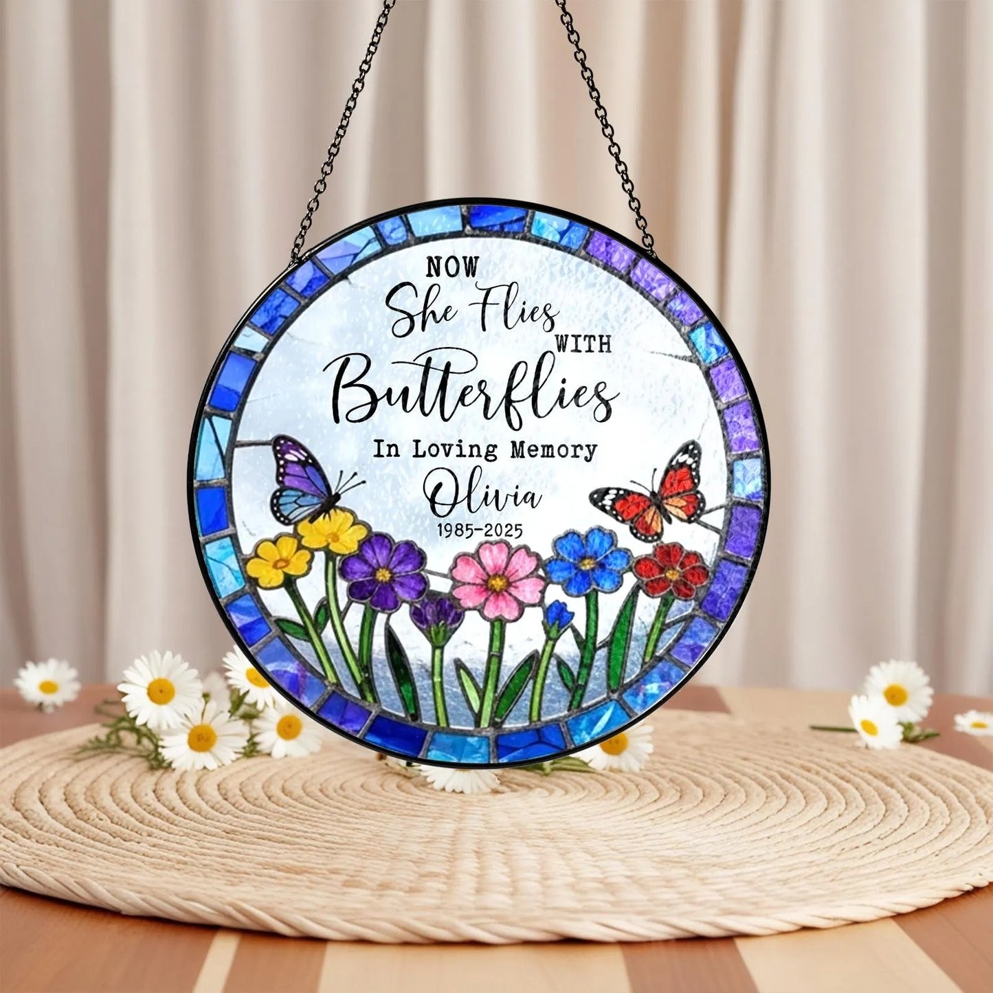 Netecom Personalized Sympathy Gift – Now She Flies With Butterflies Memorial Suncatcher, Remembrance for Loss of Mom