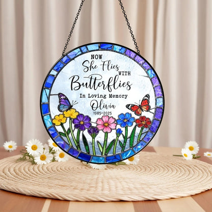 Netecom Personalized Sympathy Gift – Now She Flies With Butterflies Memorial Suncatcher, Remembrance for Loss of Mom