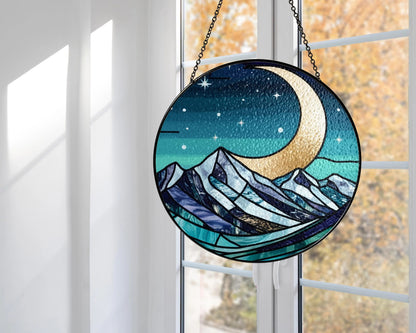 Netecom Fantasy Starlight City Stained Glass Suncatcher, Moon & Stars Window Hanging, Gift for Book Lovers, Reader Decor, Library Bookshelf Art