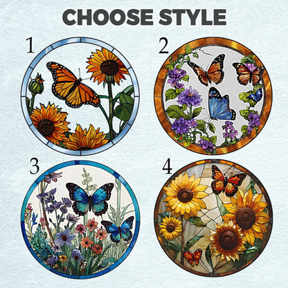 Netecom Monarch Butterflies & Sunflowers Stained Glass Suncatcher – Butterfly Window Hanging, Light Catcher Gift for Mom Grandma Women