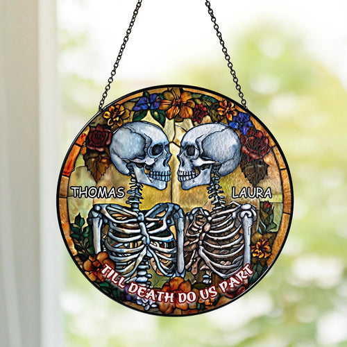 Netecom Couple Skeleton Stained Glass Suncatcher – Dark Romance Gothic Wedding Gift, Till Death Do Us Part, Valentine’s Day & Anniversary Gift for Him Her