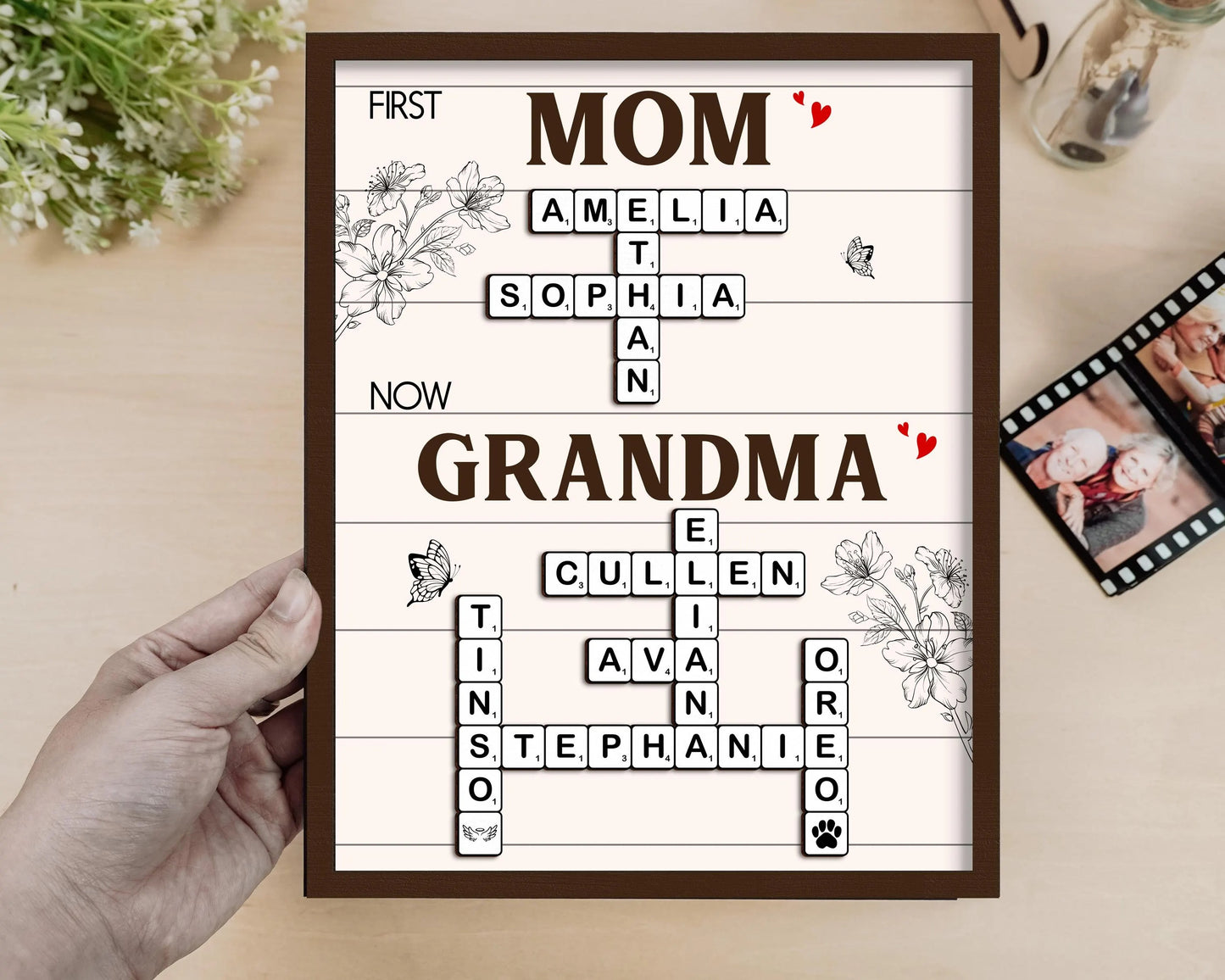 Netecom Personalized First Mom Now Grandma Crossword Puzzle Frame Family Name Scrabble Sign Custom Gift for Mom Grandkids Name Keepsake Mother's Day Gift