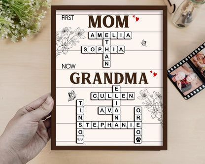 Netecom Personalized First Mom Now Grandma Crossword Puzzle Frame Family Name Scrabble Sign Custom Gift for Mom Grandkids Name Keepsake Mother's Day Gift