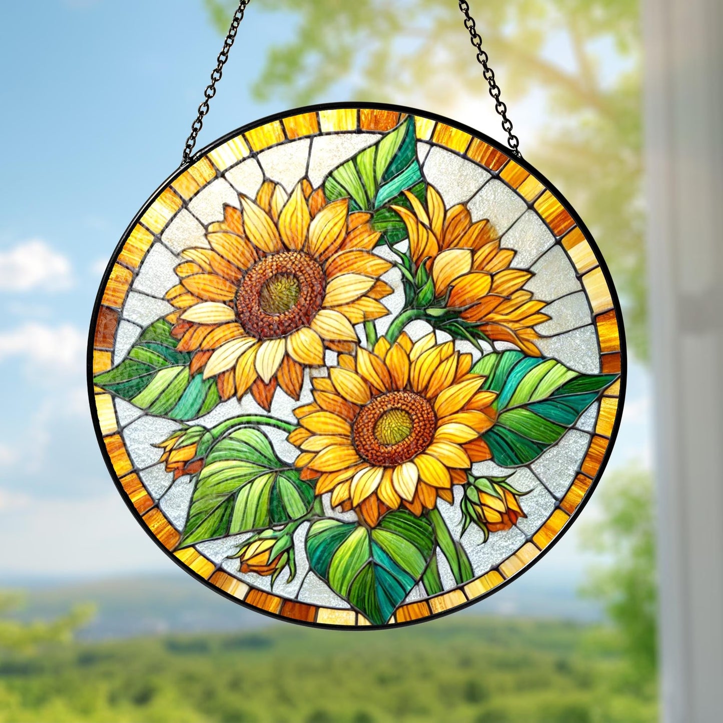 Netecom Sunflower Stained Glass Suncatcher – Window Hanging, Sunflower Ornament, Nature-Inspired Gift for Mother’s Day and Home Decor