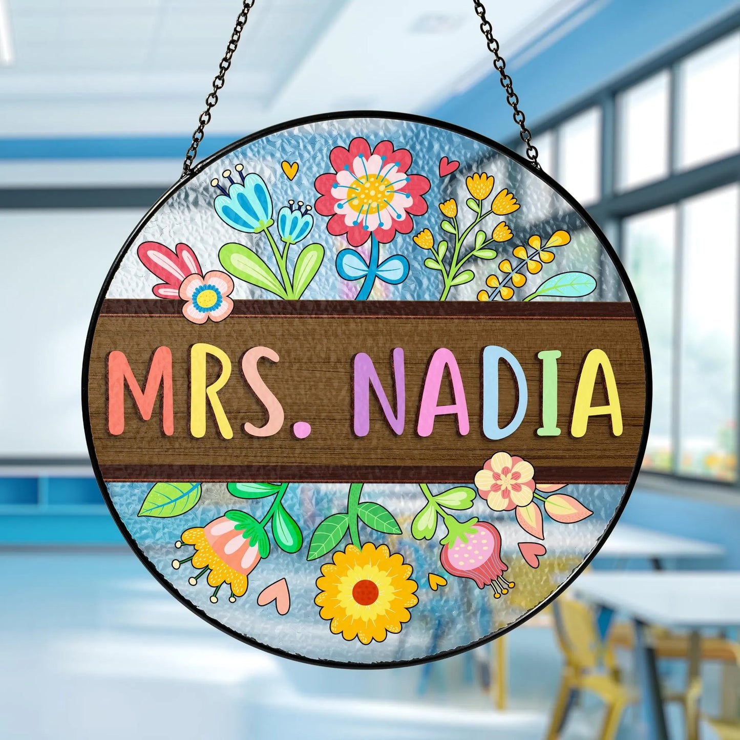 Netecom Custom Teacher Appreciation Stained Glass Gift For Teacher Floral Teacher Name Suncatcher Classroom Back To School Gift Teacher Welcome Sign