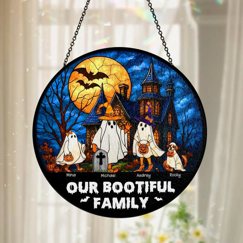 Netecom Personalized Our Bootiful Family Stained Glass Suncatcher – Custom Halloween Window Hanging, Fall Stained Glass Art, Spooky Home Decor