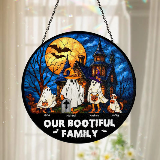 Netecom Personalized Our Bootiful Family Stained Glass Suncatcher – Custom Halloween Window Hanging, Fall Stained Glass Art, Spooky Home Decor