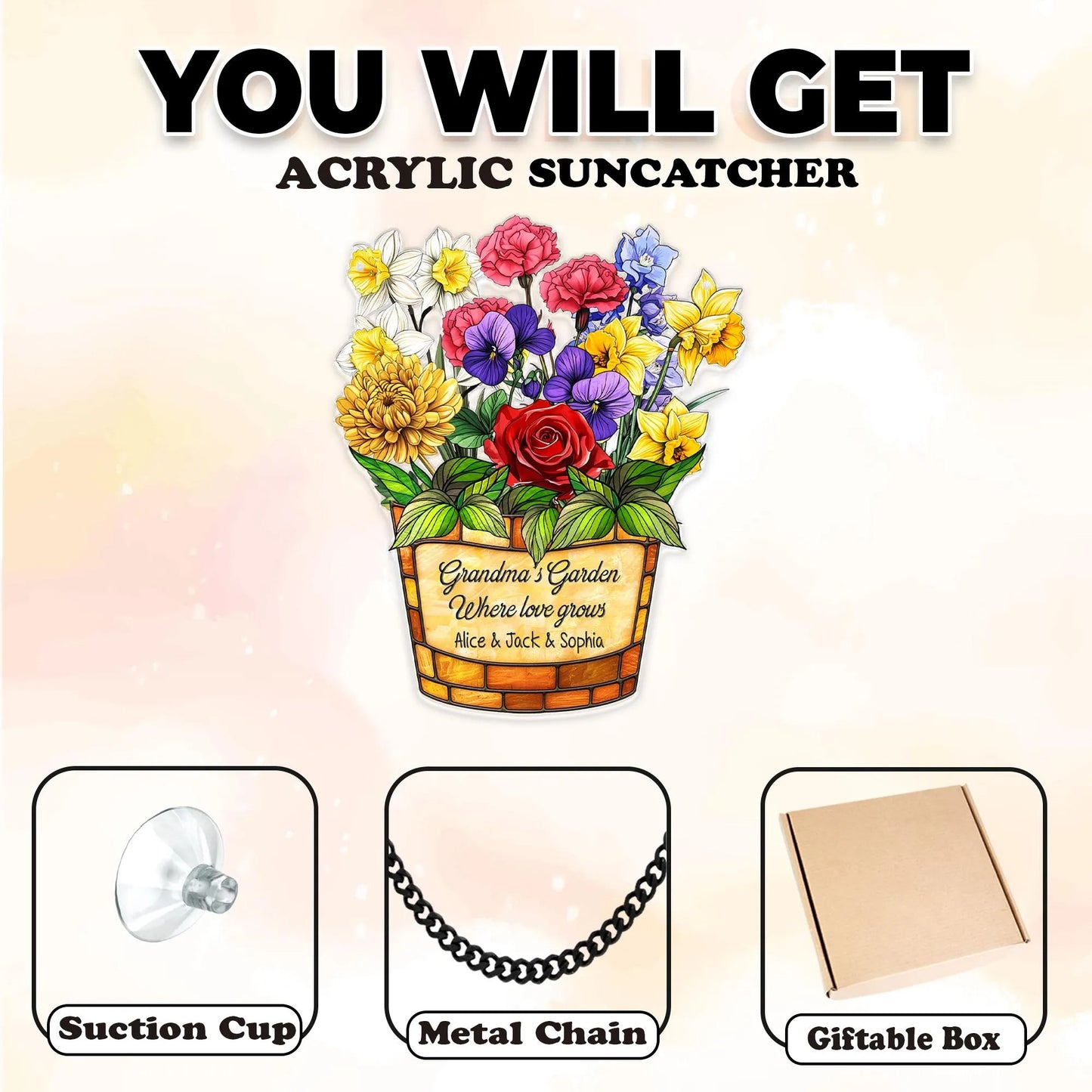 Netecom Personalized Birth Month Flower Suncatcher – Custom Acrylic Family Keepsake, Window Decor for Mom Grandma Special Occasions