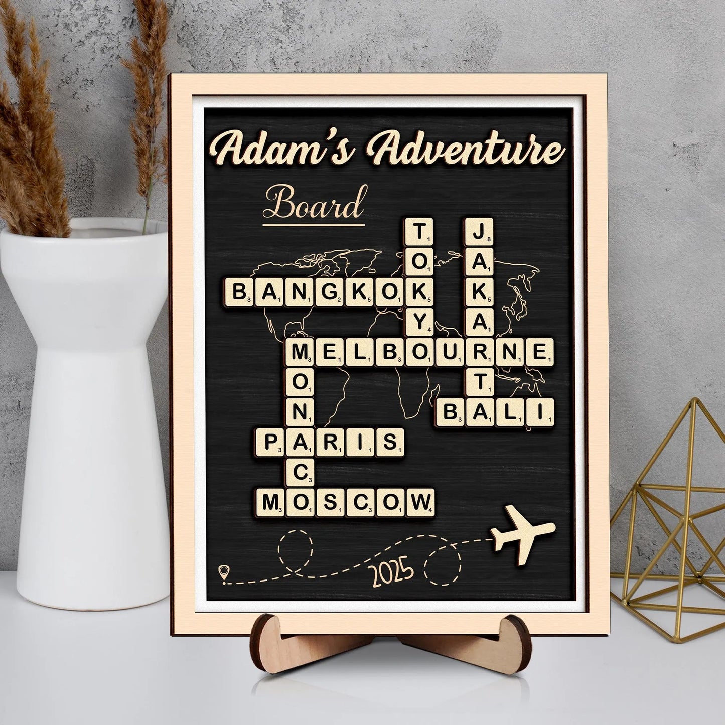 Netecom Personalized Adventure Scrabble Sign Travel Destination Keepsake Board Couple’s Adventure Map Travel Lover Gift Traveling Memory Board
