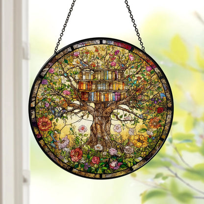 Netecom Flowers Book Stained Glass Suncatcher – Library Books Window Hanging, Bookish Home Decor, Gift for Book Lovers, Tree of Knowledge Ornament