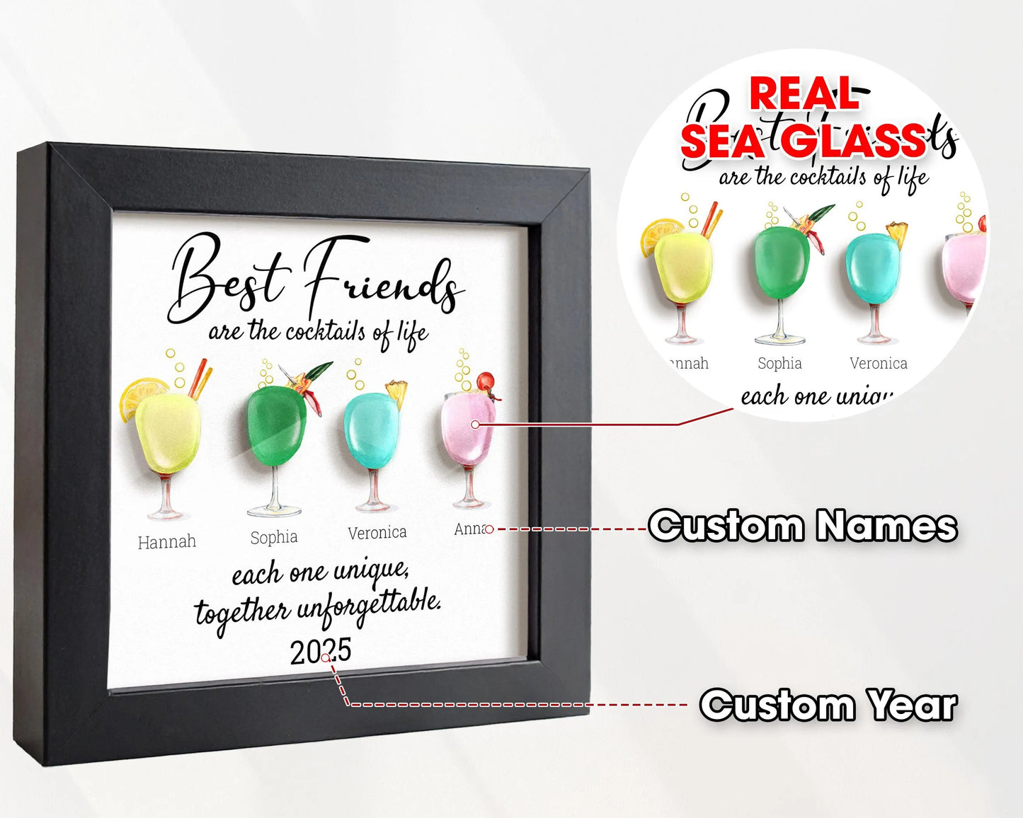 Netecom Personalized Sea Glass Friendship Frame, Best Friend Keepsake Gift, Cocktail Art for Besties, Soul Sister Decor