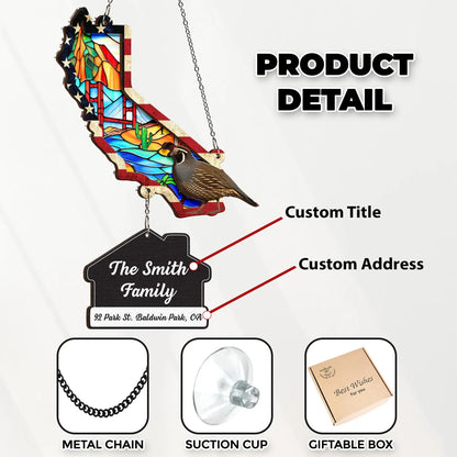 Netecom Personalized California Map Suncatcher – Quail & Golden Gate Bridge Window Hanging, West Coast Decorative Gift for Women Men Mom