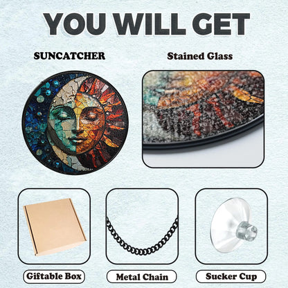 Netecom Celestial Sun and Moon Stained Glass Suncatcher – Astrology Window Hanging, Cosmic Nature Art, Christmas Gift for Friends and Home Decor Lovers