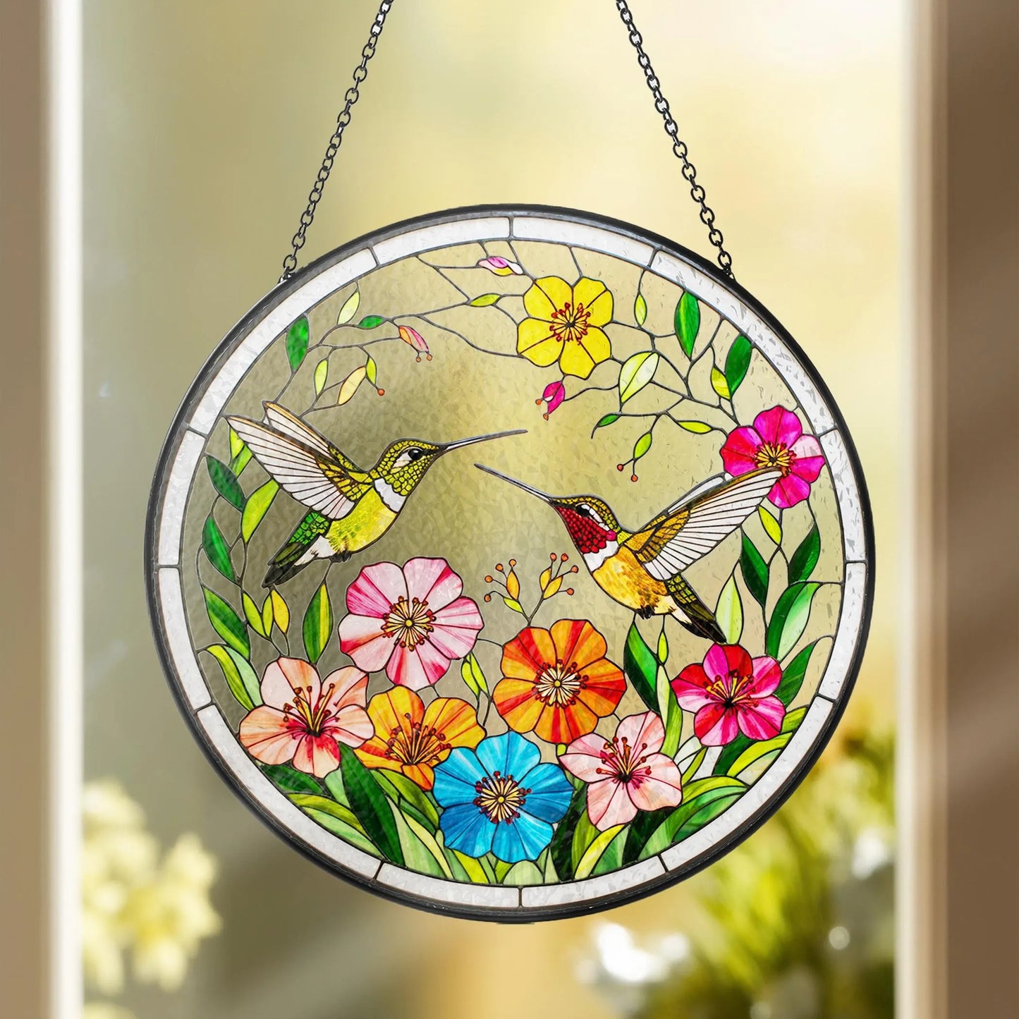 Netecom Hummingbirds Stained Glass Suncatcher – Bird Lover Window Hanging, Wildflower Glass Art, Nature Lover Gift, Vibrant Bird Window Decor