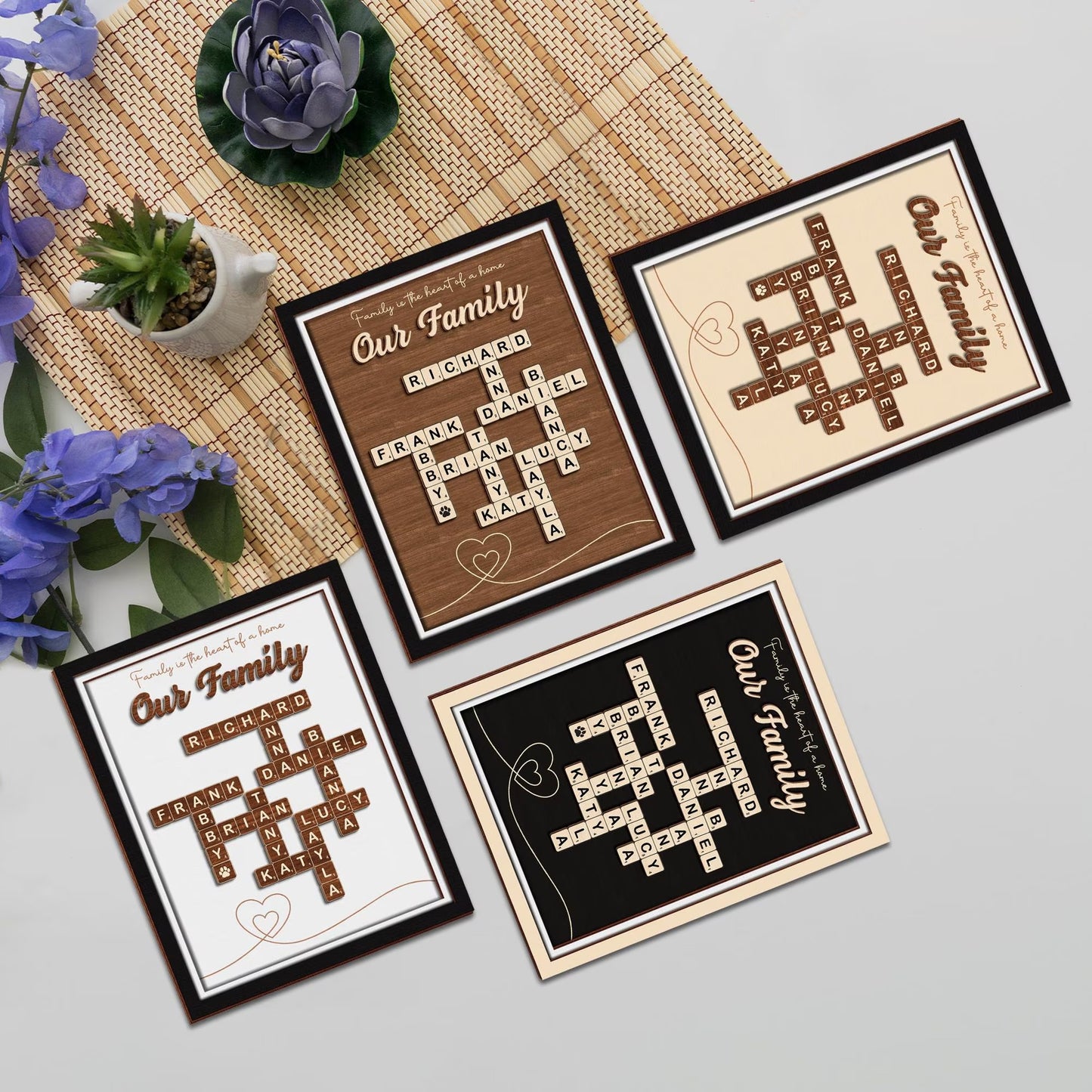 Netecom Personalized Scrabble Puzzle Family Name Sign Grandkids Crossword Wooden Frame Gift for Grandparents Parents Home Decor