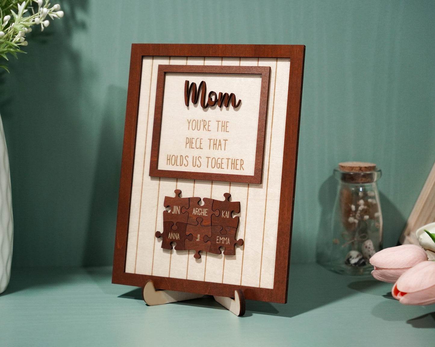 Netecom Personalized Mom Puzzle Wooden Frame Piece That Holds Us Together Sign Mother’s Day Gift for Mom Custom Family Name Keepsake